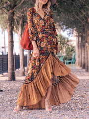 Dlabh long ruffled v-neck vintage bohemian dress orange