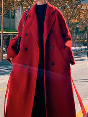 Dlabh long long coat with belt pockets lapel collar women oversized