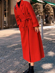 Dlabh long long coat with belt pockets lapel collar women oversized