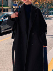 Dlabh long long coat with belt pockets lapel collar women oversized