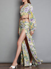 Dlabh one-shoulder floral printed maxi long dress