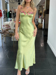 Dlabh long satin embroidered dress with thin straps prom green