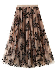 Dlabh long tulle skirt with flowing leaf print women's fashion