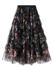 Dlabh long floral printed tulle skirt