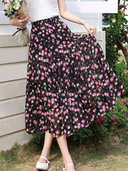 Dlabh Bohemian Floral Printed Long Chiffon Skirt with Elastic Waist