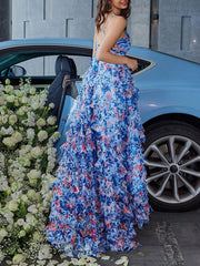 Dlabh Blue Backless Floral Chiffon Maxi Dress with Spaghetti Straps Elegant Fashion Dress for Prom and Vacation