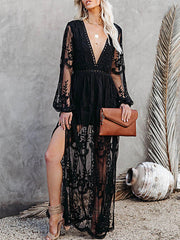 Dlabh long lace dress slit side v-neck bohemian