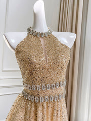 Dlabh Shiny Sequin Rhinestone Halter Evening Long Dress