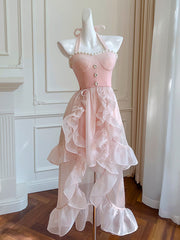 Dlabh Sweet Pink Organza Halter Long Prom Dress