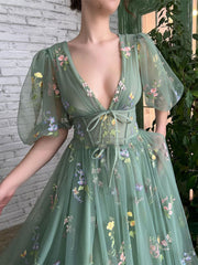 Dlabh long maxi dress embroidered tulle puff sleeves green