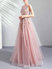 Dlabh Elegant Embroidered Maxi Evening Dress in Pink with Beading and Lace