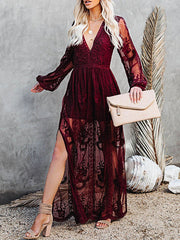 Dlabh long lace dress slit side v-neck bohemian