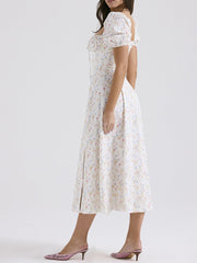 Dlabh long dress printed with floral square collar white