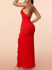 Dlabh long red dress slit side with ruffle