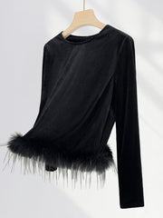 Dlabh velvet top feathers round neck women fashion black