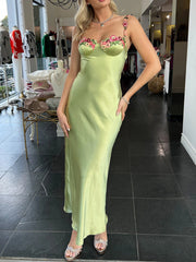 Dlabh long satin embroidered dress with thin straps prom green