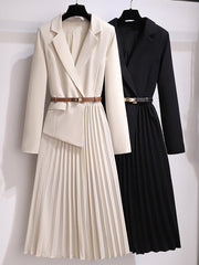 Dlabh long pleated blazer dress with belt women fashion white