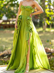 Dlabh long maxi dress slit side with ruffle strapless green