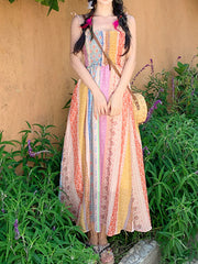 Dlabh long floral print dress with thin straps bohemian multicolor