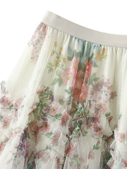 Dlabh long floral printed tulle skirt