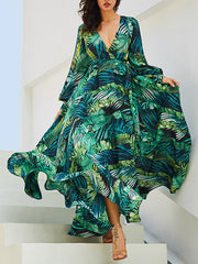 Dlabh long green chiffon dress with tropical leaf print