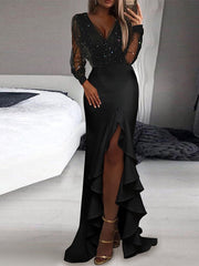 Dlabh long slit side dress shiny sequin ruffled evening evening dress