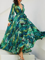 Dlabh long green chiffon dress with tropical leaf print