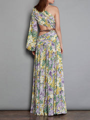 Dlabh one-shoulder floral printed maxi long dress