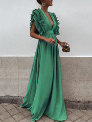 Dlabh long maxi dress with ruffled plunging neckline