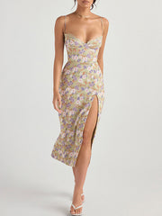 Dlabh mid-length floral print dress with side slit and thin straps