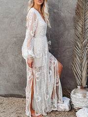 Dlabh long lace dress slit side v-neck bohemian