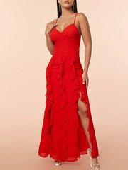 Dlabh long red dress slit side with ruffle