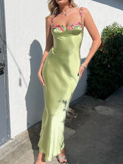 Dlabh long satin embroidered dress with thin straps prom green