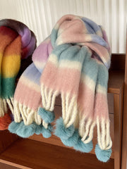 Dlabh rainbow striped mohair scarf with pompoms